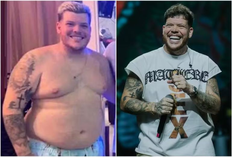 O cantor Ferrugem sorrindo, sem camisa, ao lado da esposa Thaís Vasconcellos, exibindo sua forma física atual.