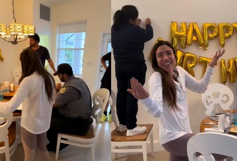 A apresentadora Patrícia Abravanel sorrindo, posando para uma foto de aniversário, apesar do roubo do carro.