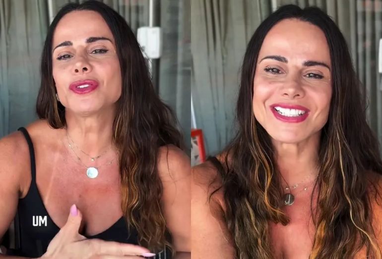 A atriz e Rainha de Bateria, Viviane Araujo, sorrindo e confiante, defendendo sua aparência e postura diante do envelhecimento.