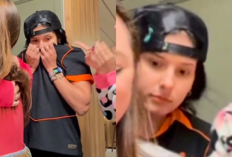 A cantora sertaneja Ana Castela reagindo com susto e alívio após uma amiga revelar sua gravidez em uma pegadinha.